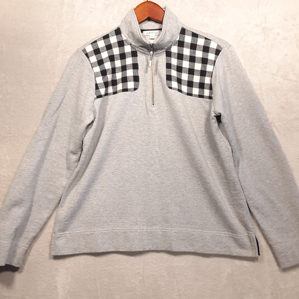 Orvis Womans 1/4 Zip Pullover Fleece Sweater/Light Gray w/Check Elbow Patches